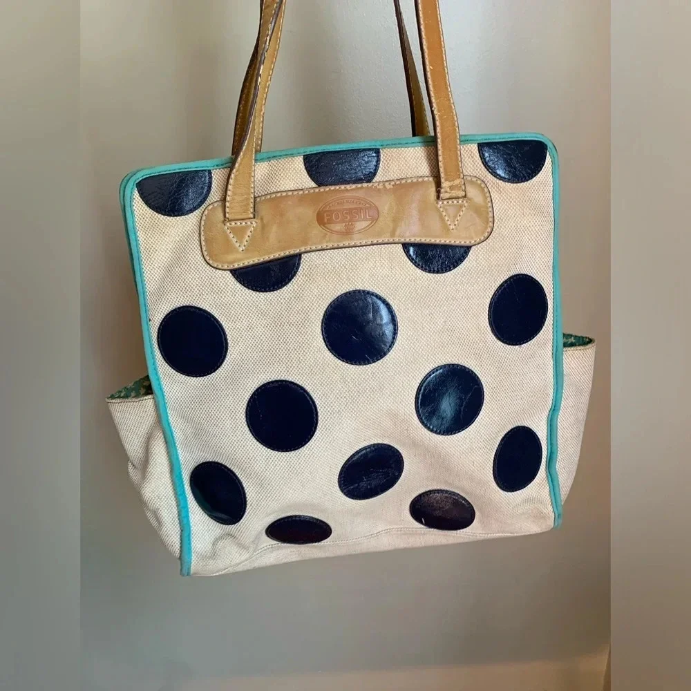 Fossil Canvas Polka Dot Purse Key Bag Charm Large Shopper Tote Handbag Whimsical